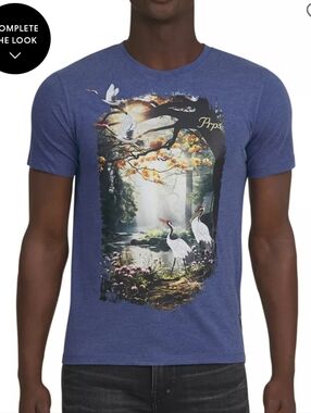 Prps Mens Blue Embroidered Crane Graphic Tee